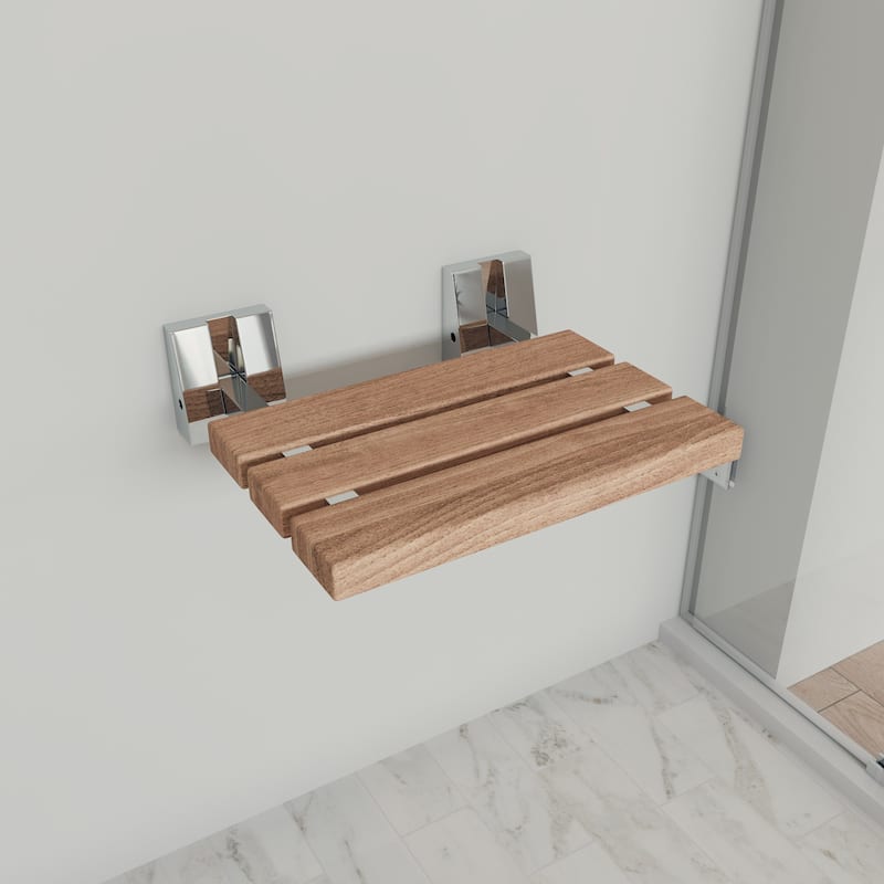 Polished Chrome 16" Folding Teak Wood Shower Seat Bench