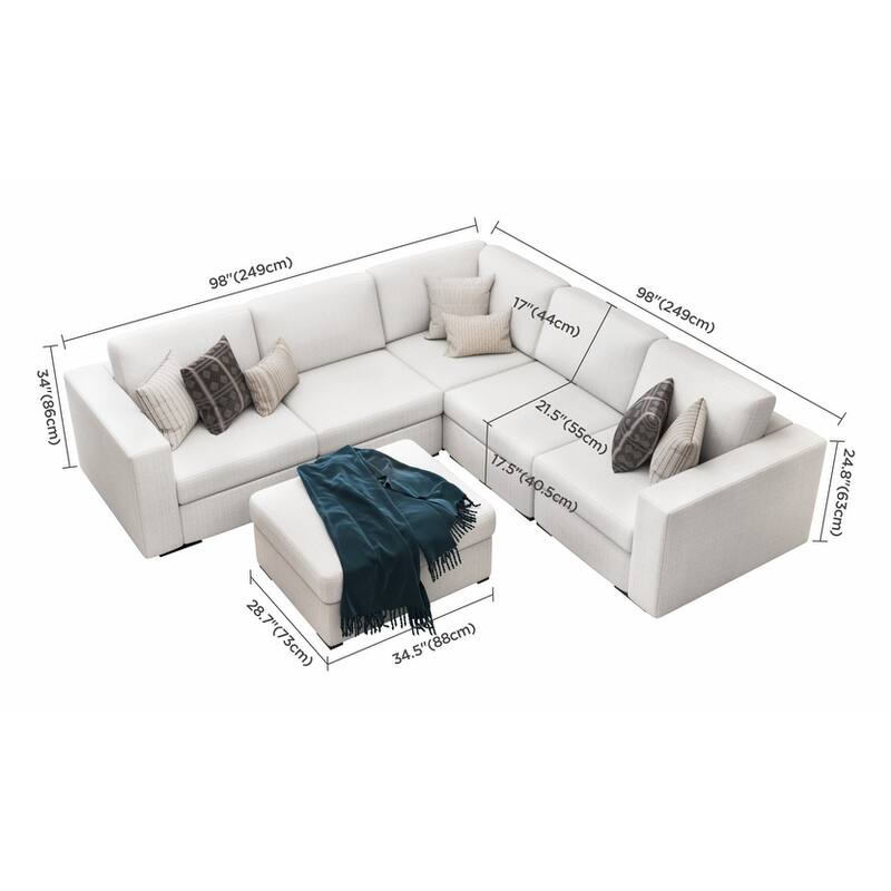 127" Modular U-shaped Linen Sectional Sofa with Movable Otoman