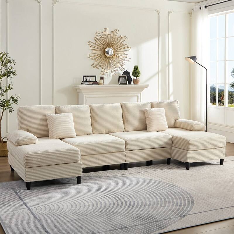 Mixoy W112inch Upholstered 5-Seater Sectional Sofa Couch,Corduroy Large U-Shaped Sofa with Double Chaises and Sleepable Armrests