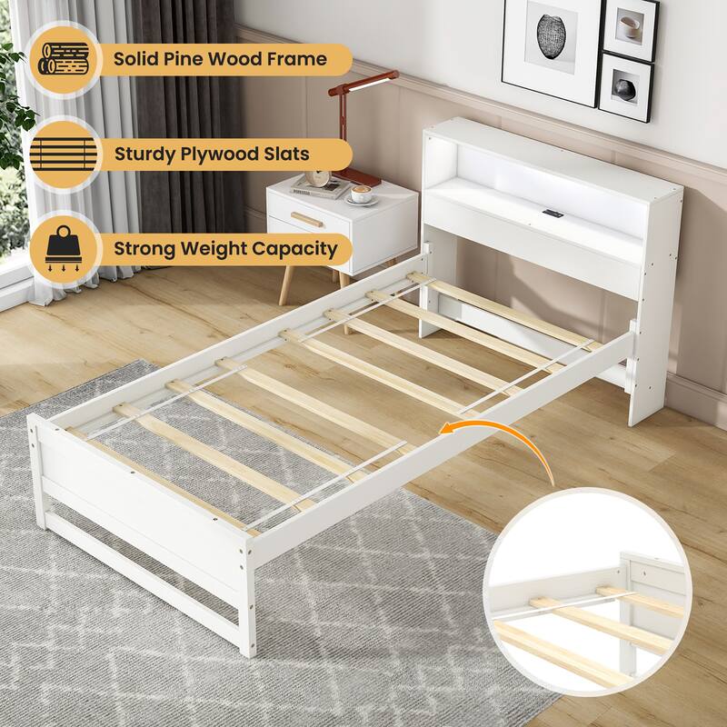 Gymax Twin Size Wooden Bed Frame w/ Charging Station & LED Light