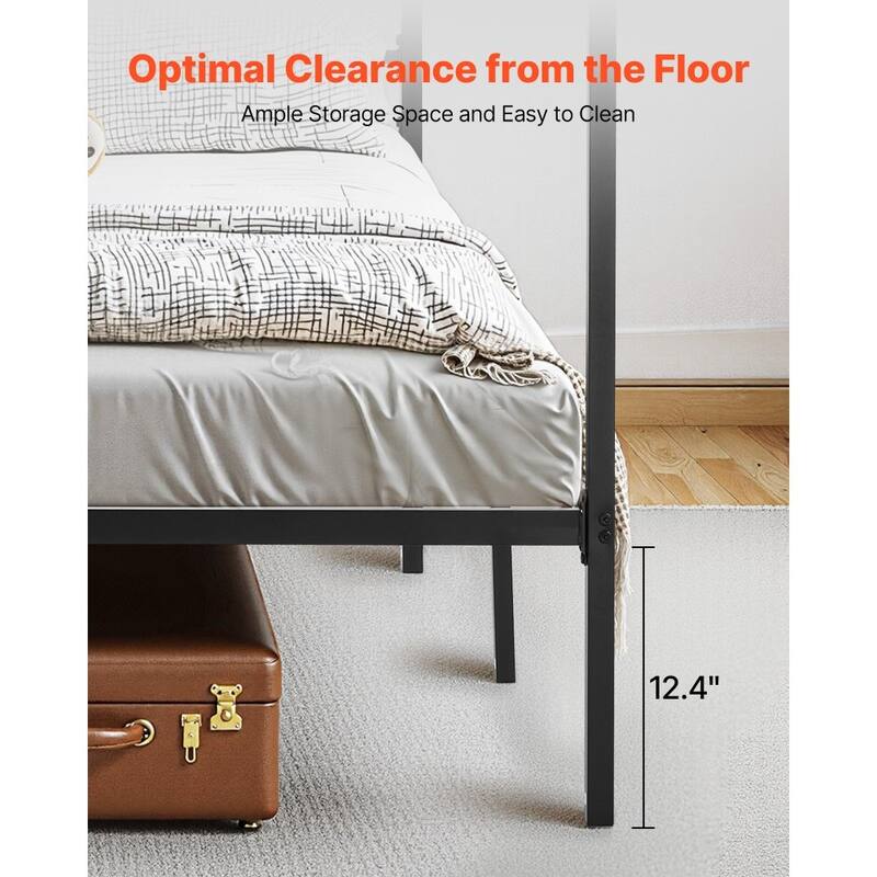 Black Metal Canopy Bed Frame King Size with 12.4 Inch Storage Space and Strong Slats