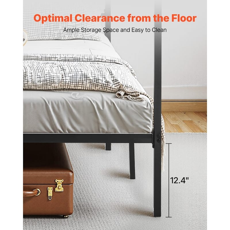Modern Black Metal Canopy Bed Frame with 12.4 Inch Storage Clearance and Strong Weight Support