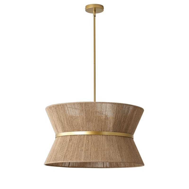 Boho 8 Light Pendant Chandelier Handwoven Natural Rope Shade with Antique Brass Finish