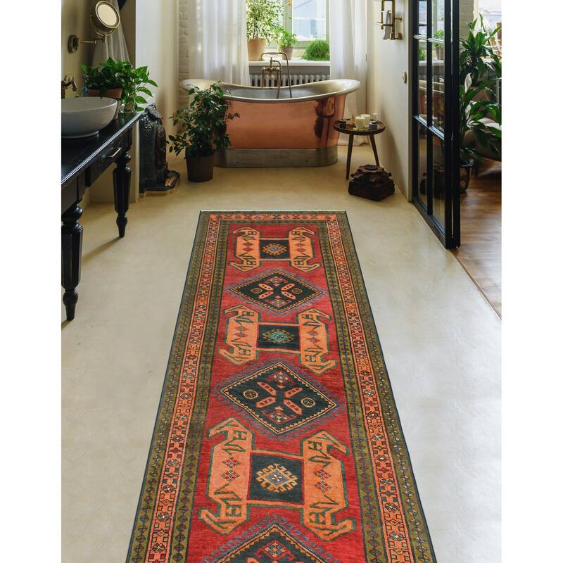 Fine Vintage Distressed Balthild Red/Charcoal Runner - 3'10" x 12'3"