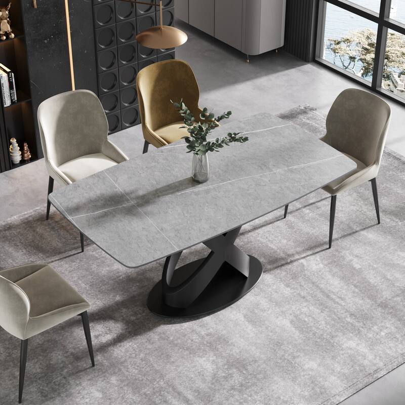 63" Rectangular Sintered Stone Dining Table for 4-6,Solid Black Carbon Steel Base