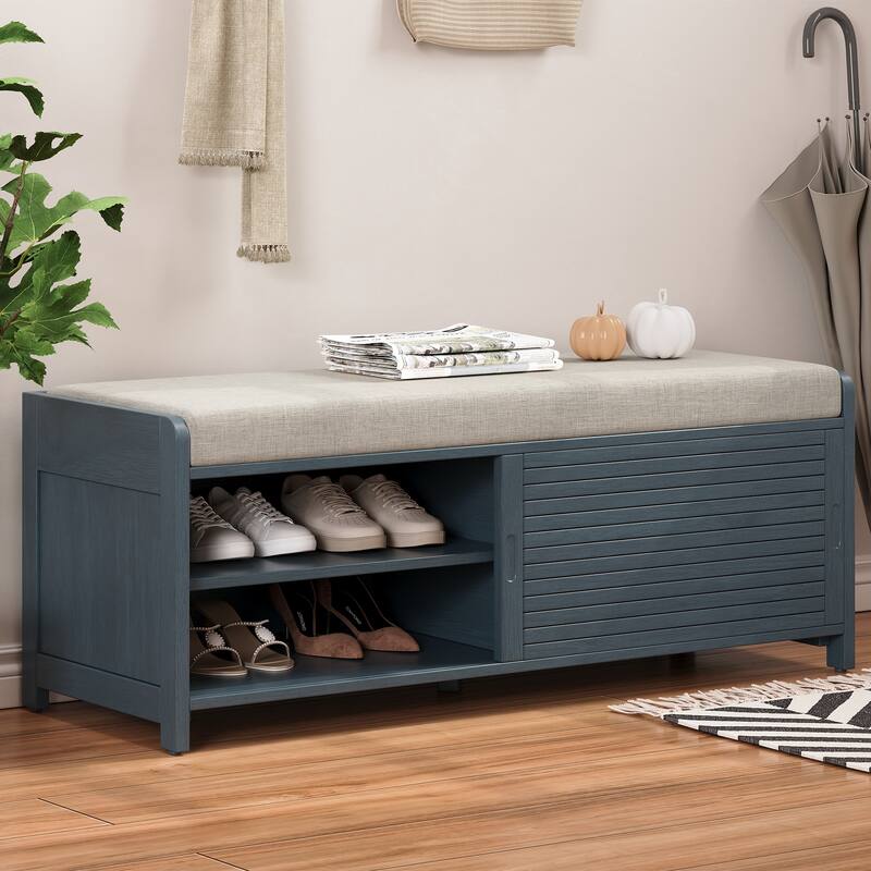 Distressed Shutter Storage Bench with Acacia Veneer