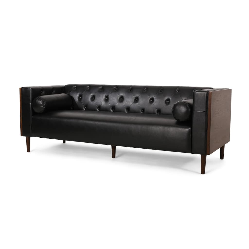 Biya Sofa, 90 Inch, Chesterfield Tufted Black Faux Leather, 2 Pillows