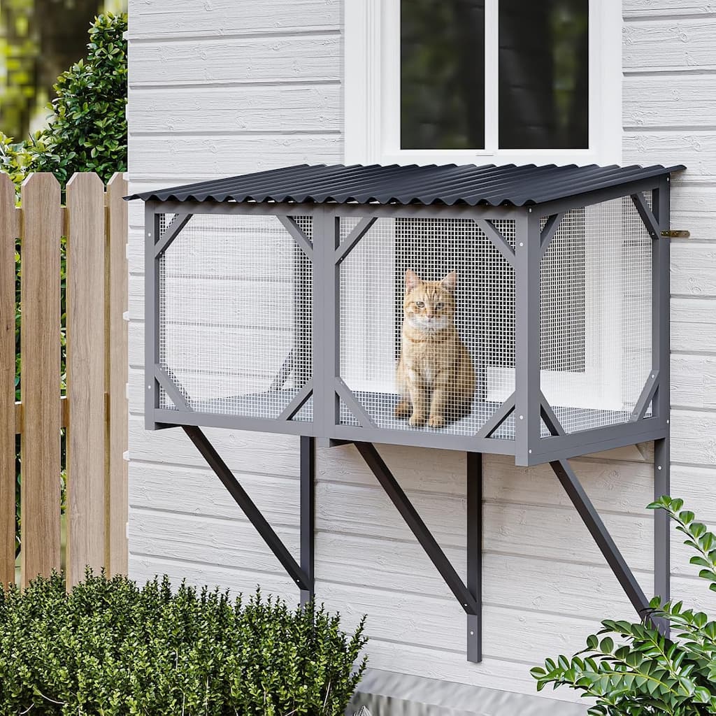 BOSSIN 47.2" All-Weather Window Cat Enclosure- Outdoor Window Perch for Large Cats, Sunbathing & Observation Platform