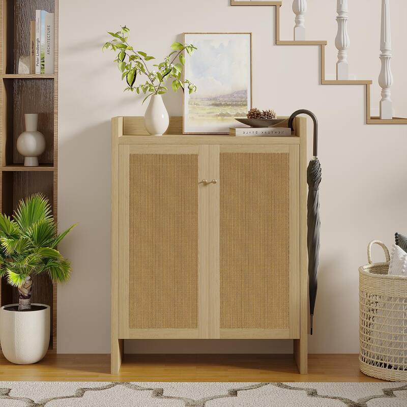 Anmytek Walnut Rattan Shoe Cabinet with Doors and 6 Tier Adjustable Shelves Wooden Entryway Shoe Organizer