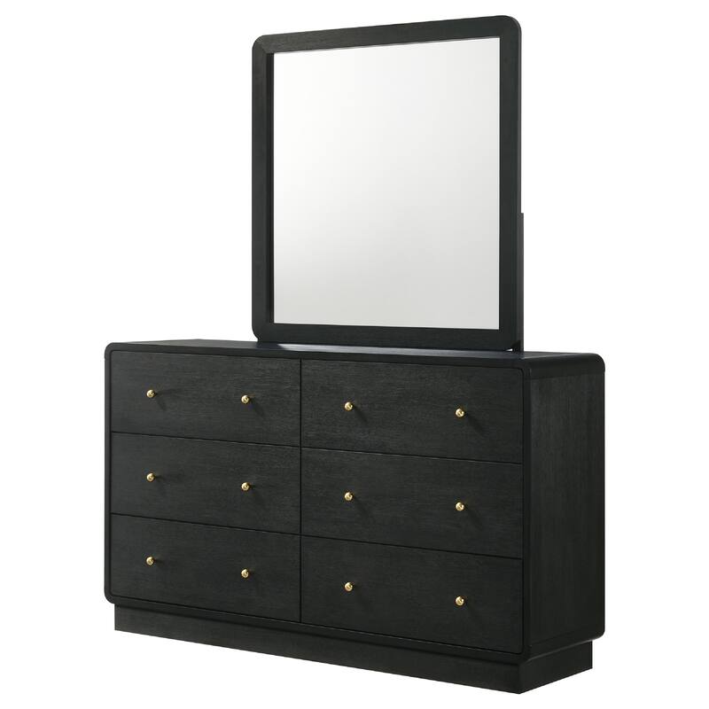Cavy Wide Dresser with Matching Mirror, 6 Drawers, Black Wood, Gold