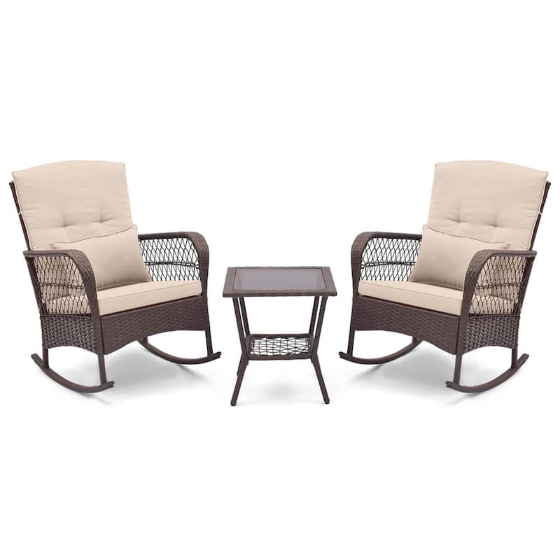 3 PCS Patio Rocker Set Wicker Chairs w/ Double-Layer Coffee Table - Beige