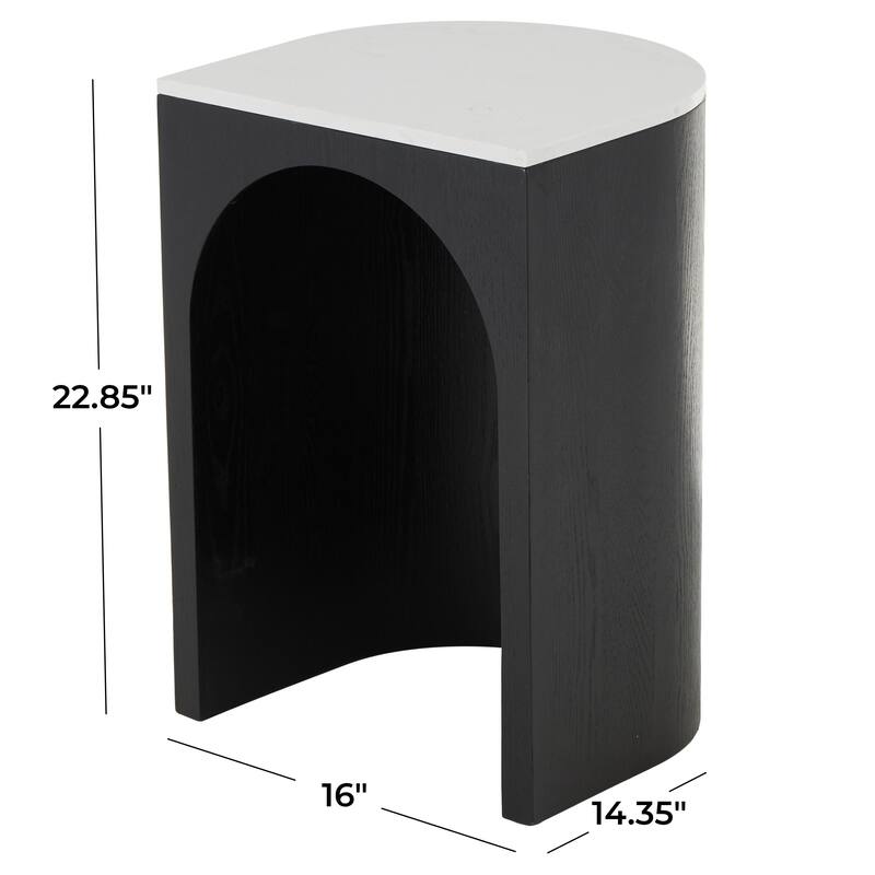 Brown or Black Wood Cutout Arch Side End Accent Table with White Marble Tabletop