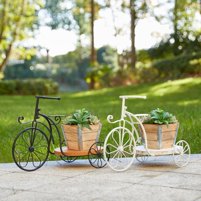 Glitzhome 24"L Spring Metal Tricycle Planter Stands Flower Pot Cart with Wood Trays