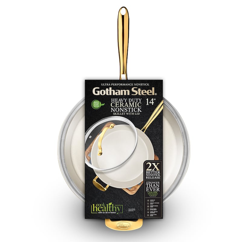 Gotham Steel Cream 14'' Nonstick Family Pan with Lid and Gold Handles