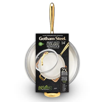 Gotham Steel Cream 14'' Nonstick Family Pan with Lid and Gold Handles