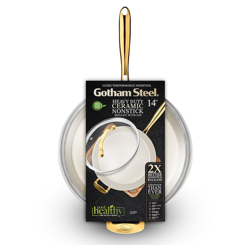Gotham Steel Cream 14'' Nonstick Family Pan with Lid and Gold Handles