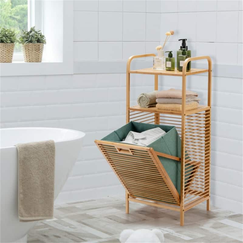 Wicker Bathroom Shelf with Removable Laundry Basket 2-Tier Storage Organizer - 16" × 12" × 38" (L × W × H)