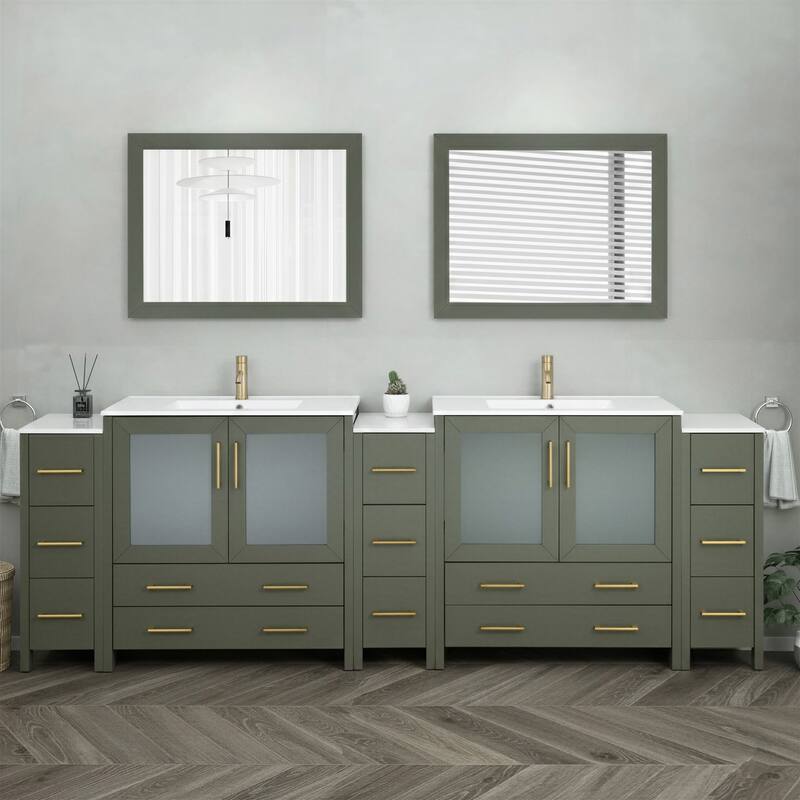 Vanity Art 108" Double Sink Bathroom Vanity Set 13 Dove-Tailed Drawers 3 Cabinets 2 Shelves Soft-Closing Doors with Free Mirror - Vintage Green
