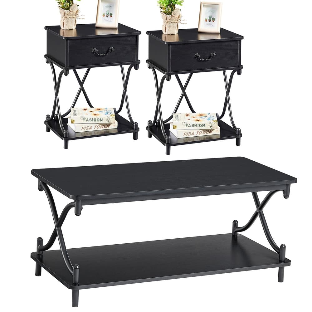 Modern 3-piece Coffee Table, Sofa Table & 1-drawer Nightstand Set of 2(Brown/Black/White)