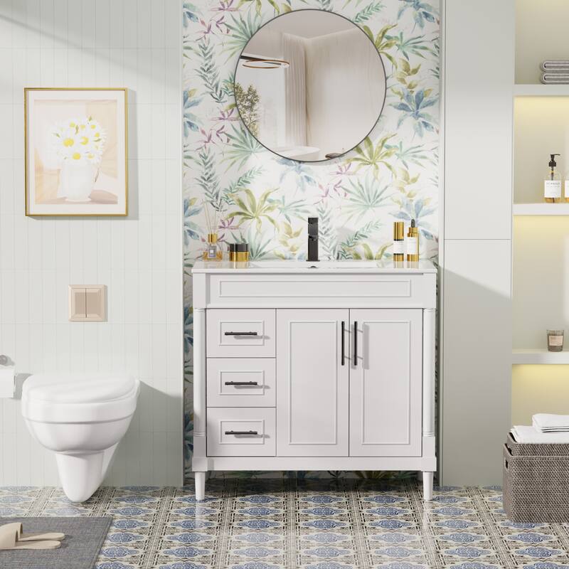 24"/30"/36" Retro Bathroom Vanity W/ Drop in Sink Combo Cabinet Set - White - 36"