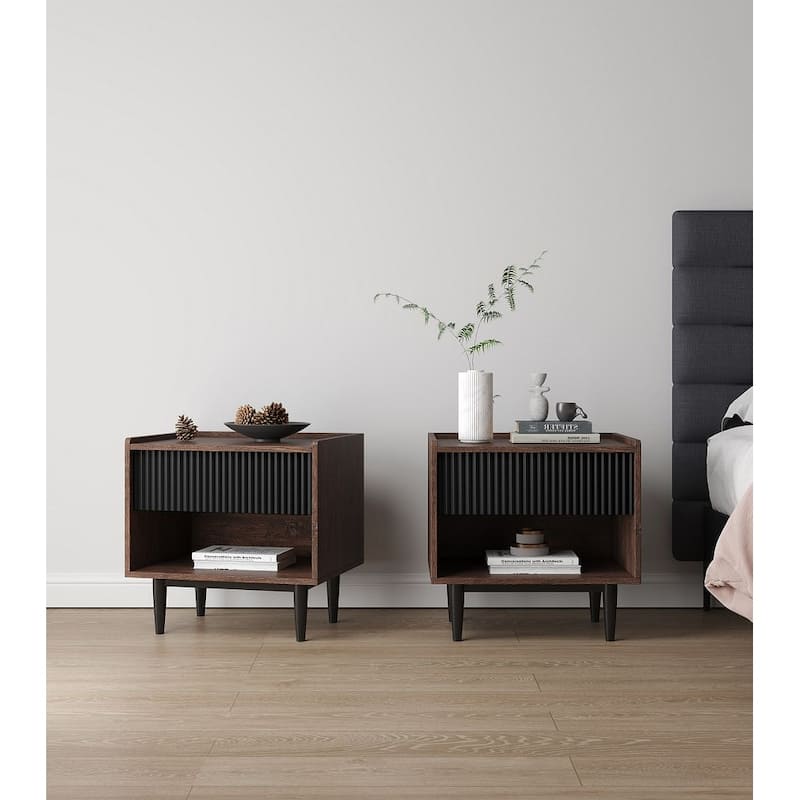 Manhattan Comfort Duane Modern Ribbed Nightstand Set of 2 - Black