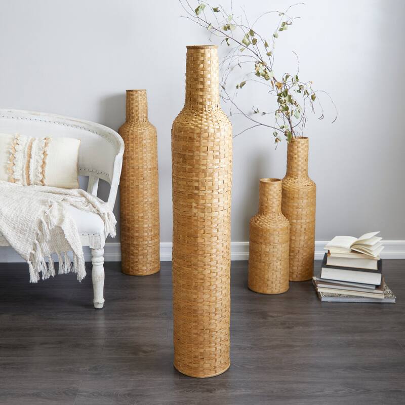 Intricately Woven Tall Bamboo Wood Floor Vase - White or Brown