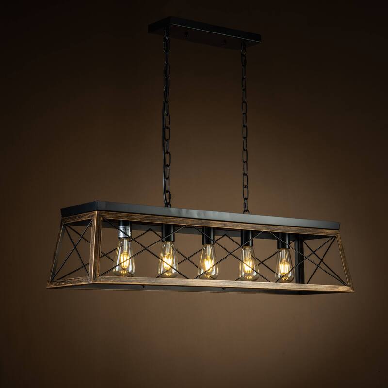 5-Light Square/Rectangle Farmhouse Chandelier For Kitchen Island With Wrought Iron Accents