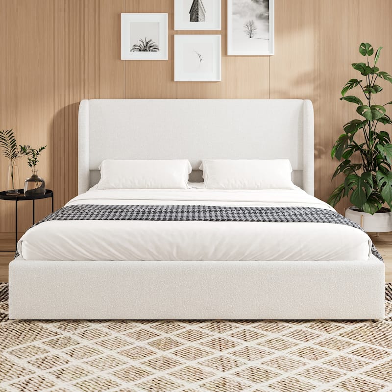 GDFStudio - Minimalist Upholstered Platform Bed Frame with Wingback Headboard, Solid Wood Legs & Slats, No Box Spring Needed - White - Queen