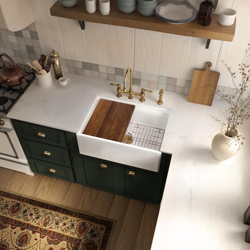 Front apron single bowl fireclay kitchen sinks with walnut wood cutting board and stainless steel grid