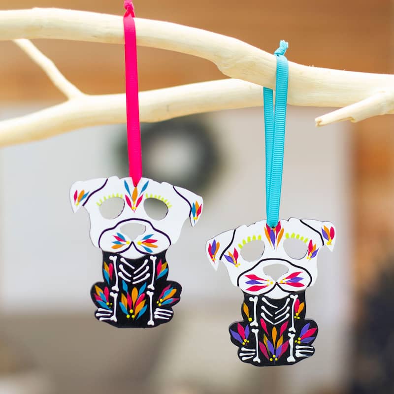 Novica Handmade Day Of The Dead Dog Wood Ornaments (Pair)