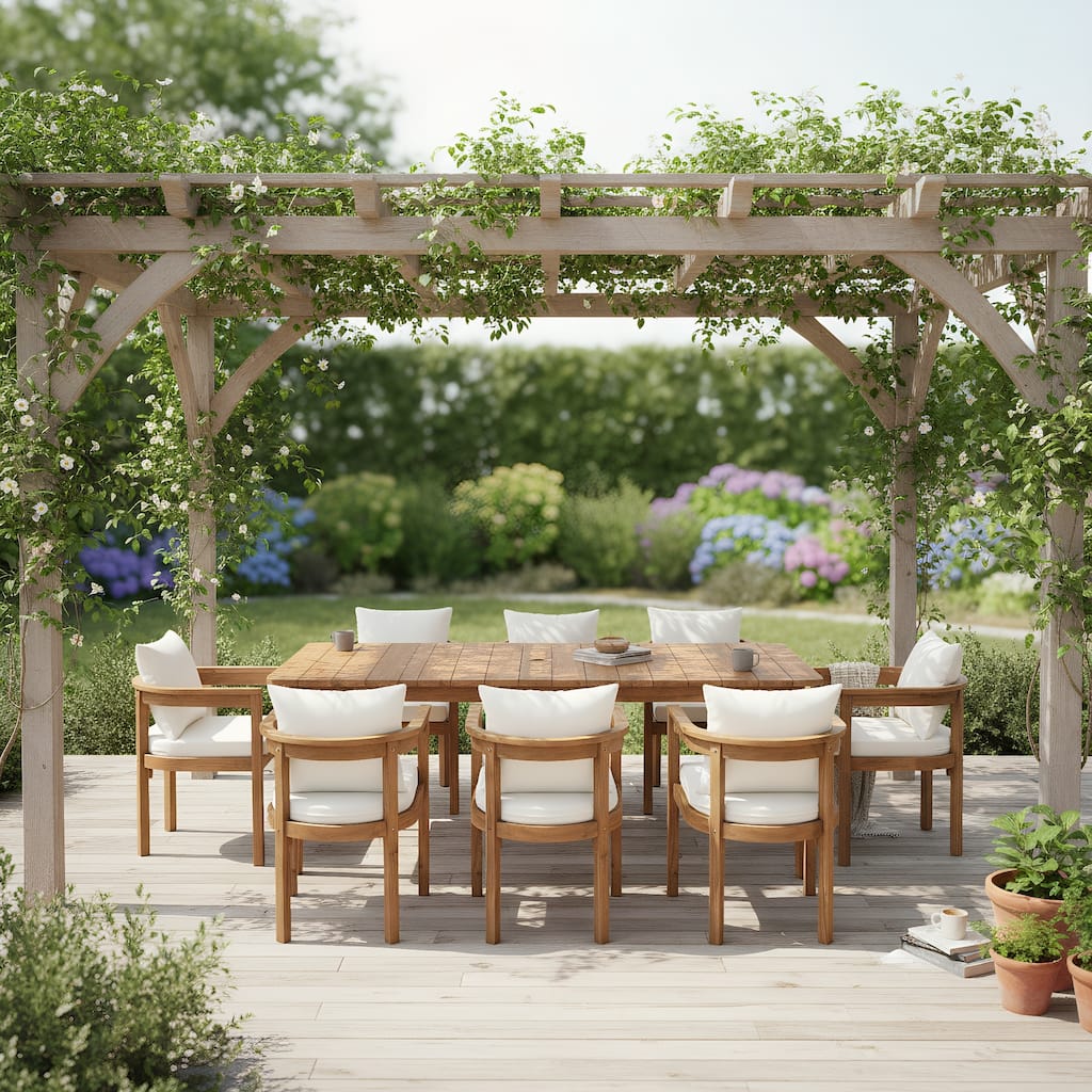 Roomfitters Outdoor Dining Set 9 Piece Solid Acacia Wood Slatted Table Cushioned Chairs, Teak Beige