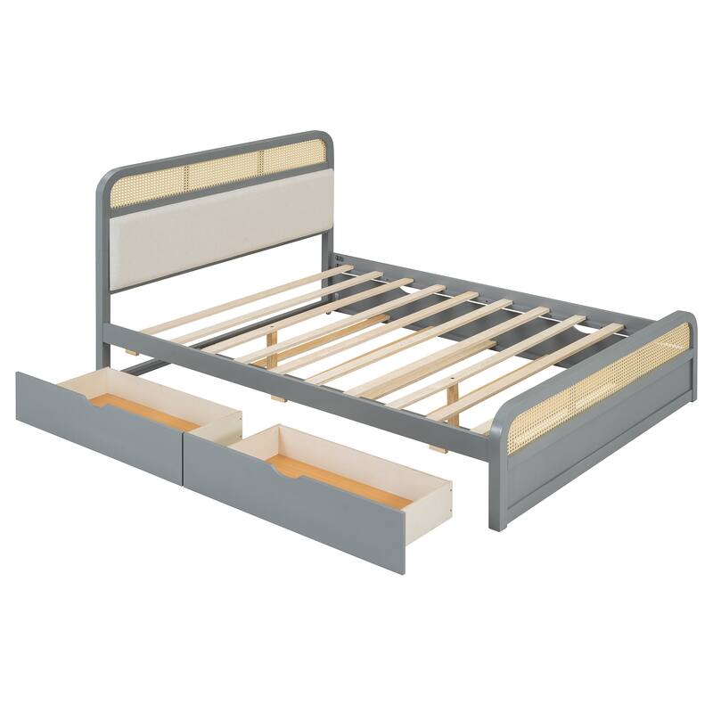 Rattan Platform Bed Queen Wooden Bed Frame with Twin Trundle and 2 Drawers, Headboard with Padded Cushion Mattress Not Included