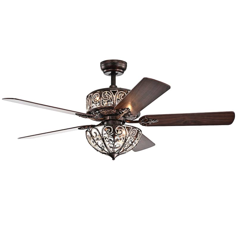 Tisaphon Dual Lamp Crystal Embellished 52-inch Fan Chandelier - 52-inches Diameter - Remote Rustic Brown