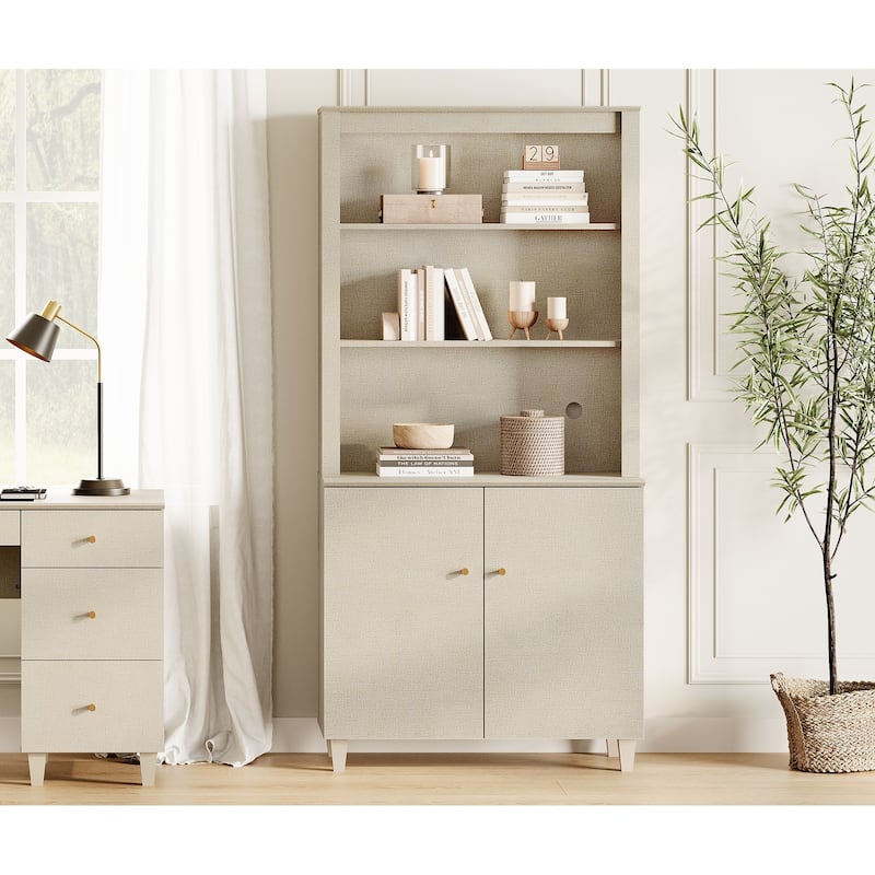 WAMPAT Home Office Furniture Set, 58" Executive Desk with Cabinet, 71" Tall Bookcase with Doors and Adjustable Shelves - Beige Linen Printed