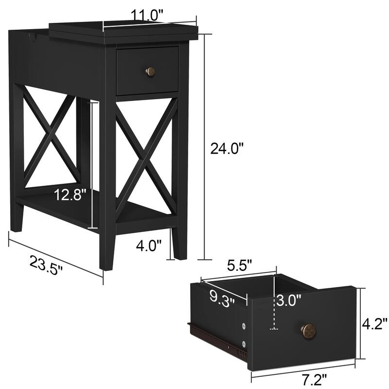 2-Drawer End Table, Flip Top Narrow End Table with Drawer, Accent Small Side Table Nightstand for Small Space