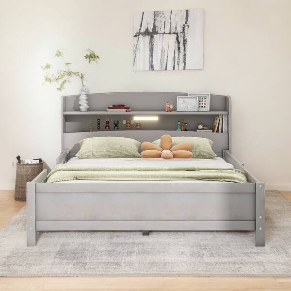 slide 2 of 12, Classic Full Size Platform Kids Bed Frame with LED Light, Multi-functional Storage Headboard and Safety Guardrail, Antique Grey Antique Grey