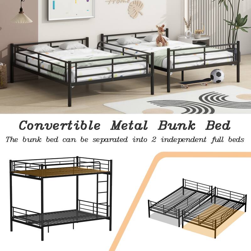 Bunk Bed Frame with Ladder and Guardrail, White Black Optional