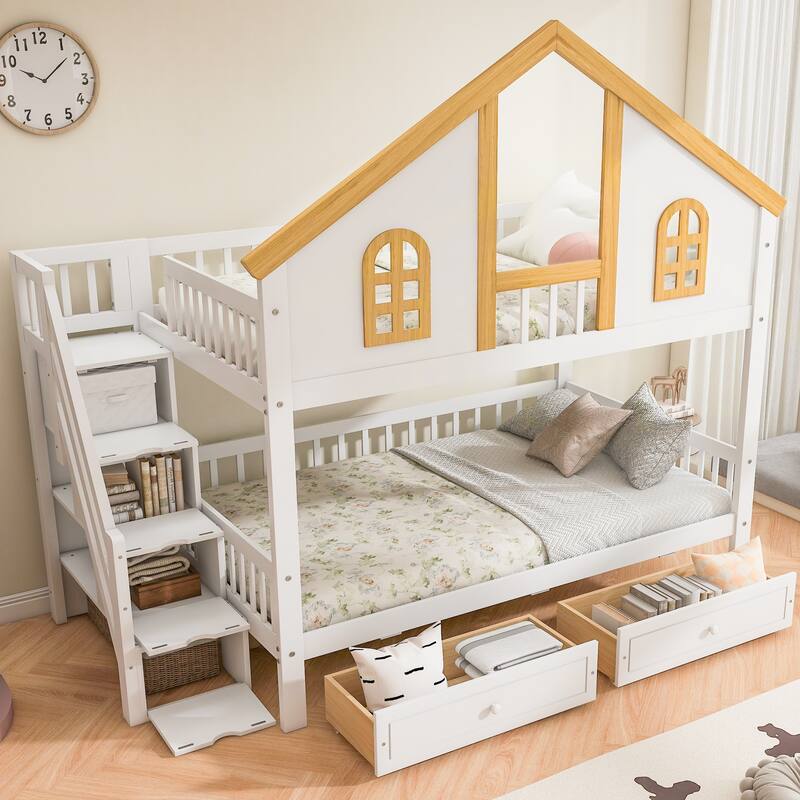 Roomfitters Twin Over Twin/Full Over Full House Bunk Bed with Window, Roof and Storage Staircase, White and Natural