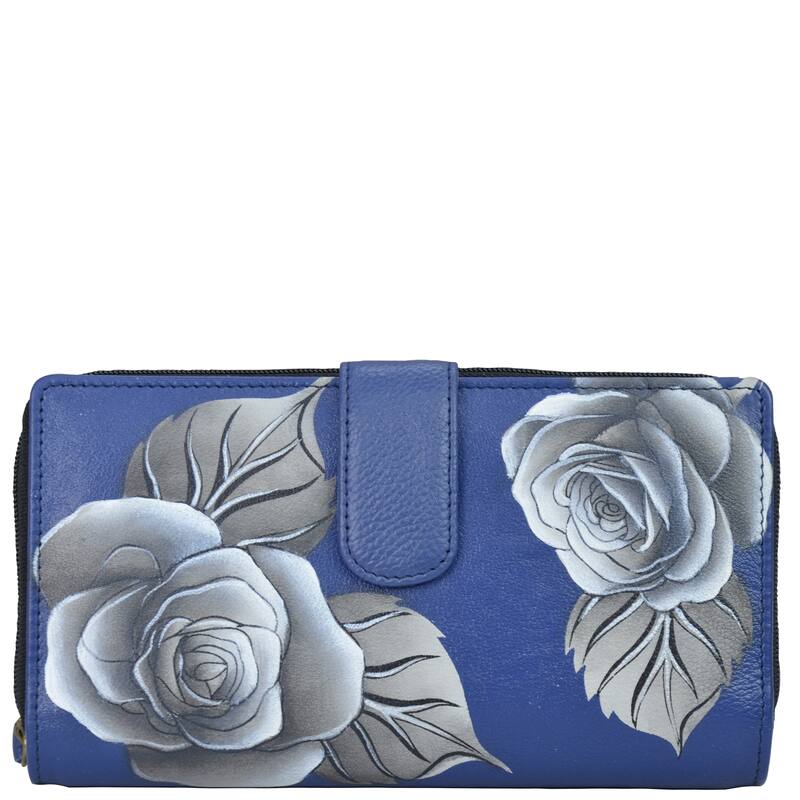Handpainted Leather Ladies Two fold wallet - Romantic Rose blue