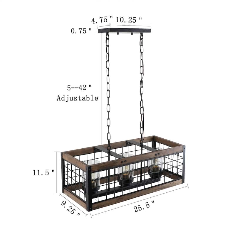 Rustic Wood Linear Chandelier Industrial Kitchen Chandelier Hanging Light with Glass Shades