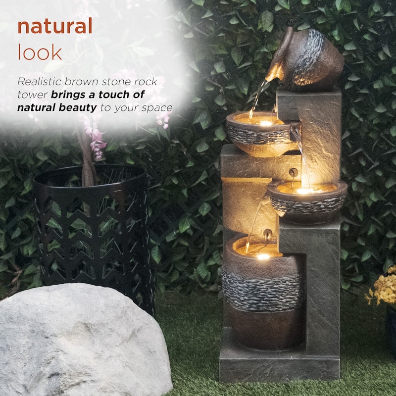 4 Tier Pots with Stones Fountain with LED Lights
