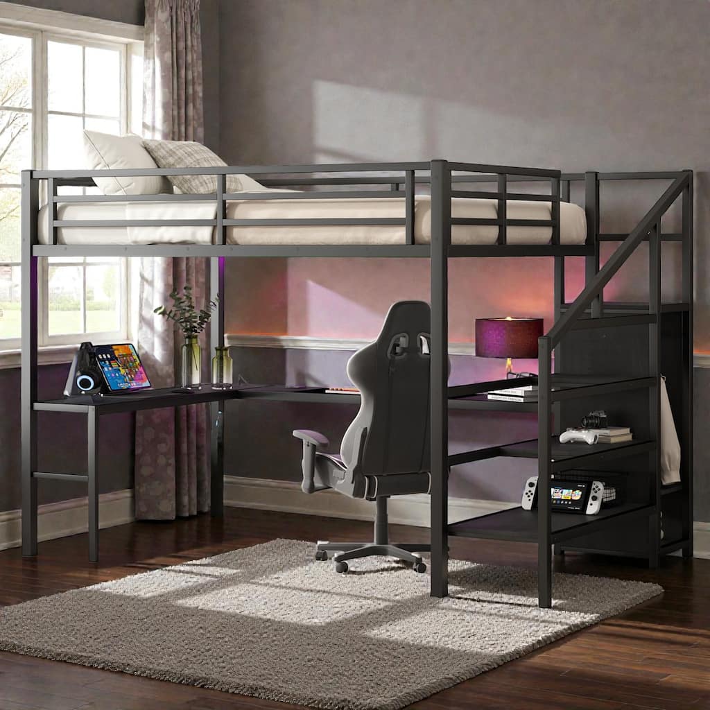Queen Size Metal Loft Bed with L-Shaped Desk, Wardrobe, USB Charging Station, LED Lights, Storage Stairs, Adjustable Shelf