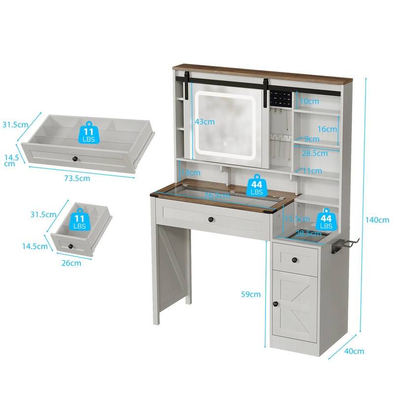 Particle Board, Melamine Veneer, 2 Drawers and 1 Door, Glass Desktop, Barn Door Style Dressing Table - N/A