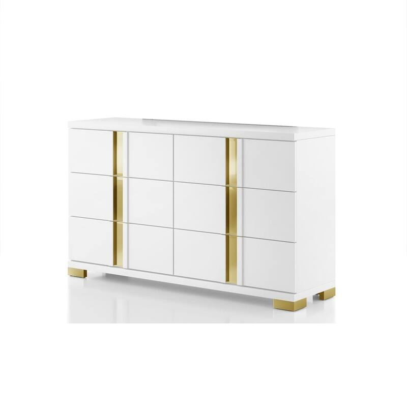 Yoki Wide Dresser, 6 Drawers, Modern Glam White and Gold