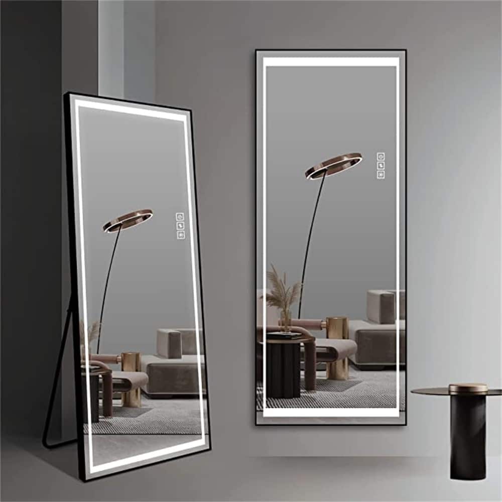 64'' x 21'' Rectangle Black Framed Full Length Mirror with Dimmable LED Light Freestanding or Wall Hang