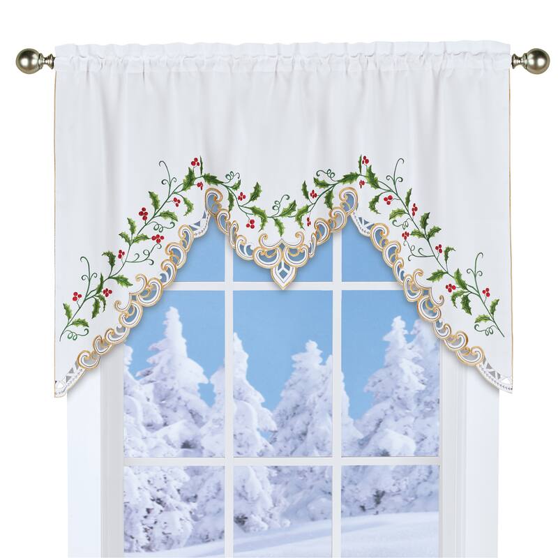 Holiday Embroidered Holly Berry Rod Pocket Top Drapes