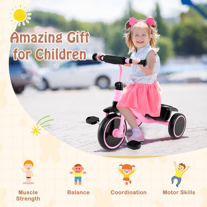 Pink Carbon Steel PP EVA Kids Trike with Adjustable Seat, Storage Basket, 55 lbs Capacity - 27" x 16" x 22"