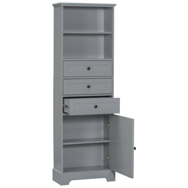 Gray Tall Storage Cabinet with 3 Drawers and Adjustable Shelves for Bathroom, Study, Office and Interior,with Painted Finish