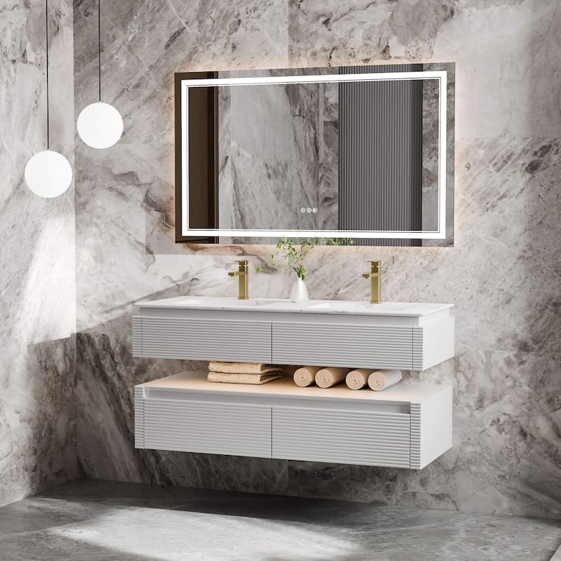 Modland 48" Modern Wall-Mounted Double Sink Bathroom Vanity with Engineered Stone Countertop,LED Light
