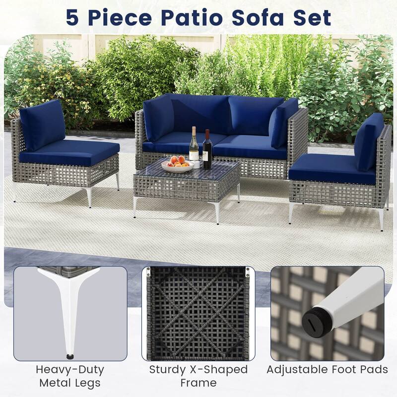 Costway 5 PCS Outdoor Furniture Set with Seat & Back Cushions Tempered - Navy - See Details